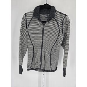 Eddie Bauer Womens Full Zip Sweater Striped Knit Top Black White Size M